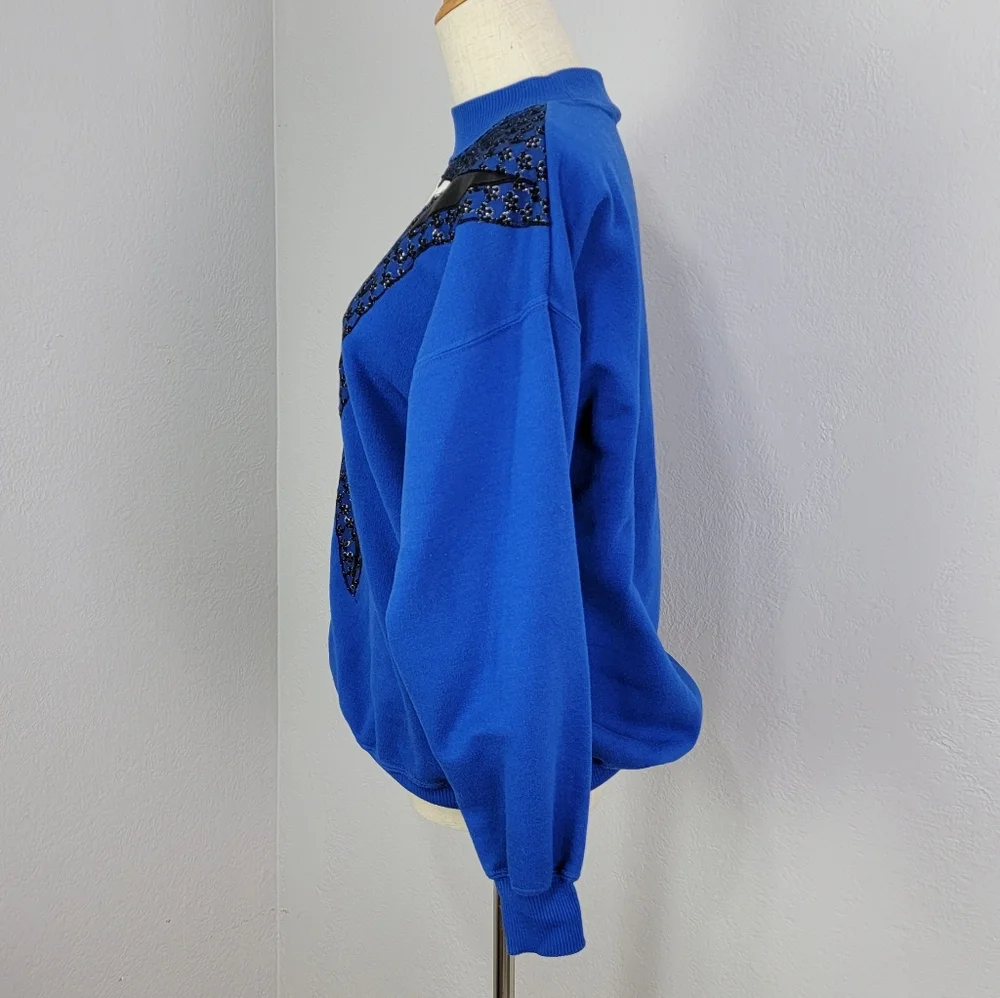Vintage 80s Extravagannza Mock Neck Abstract Royal Blue Sweatshirt Size Large - Picture 15 of 17